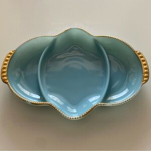 Vintage FireKing Blue Delphite Milk Glass 3-Section Candy Dish with Gold Trim